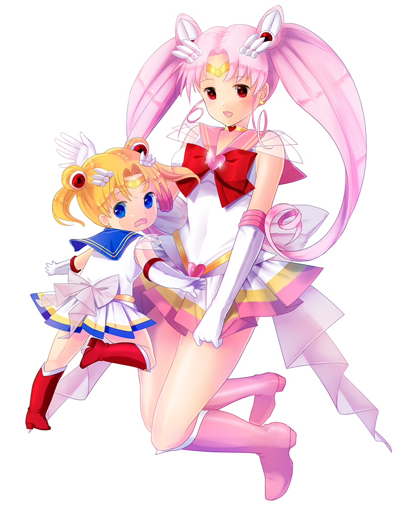 2girls, :o, age_switch, bishoujo_senshi_sailor_moon, blonde_hair, blue_eyes, boots, bow, brooch, chibi_usa, choker, double_bun, elbow_gloves, gloves, hair_ornament, hairpin, isozi, jewelry, knee_boots, long_hair, looking_back, multiple_girls, older, pink_hair, pleated_skirt, red_eyes, ribbon, sailor_chibi_moon, sailor_collar, sailor_moon, short_hair, skirt, smile, super_sailor_chibi_moon, super_sailor_moon, tiara, tsukino_usagi, twintails, white_background, white_gloves, younger