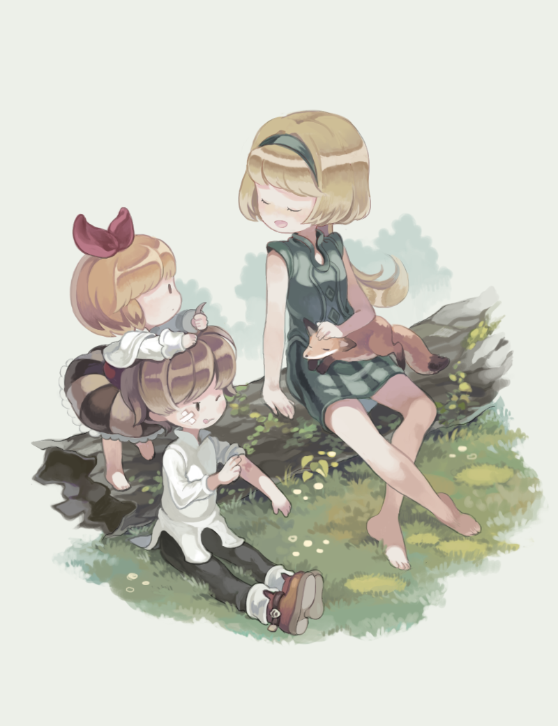 1boy, 2girls, age_difference, bandaid, barefoot, binch, black_eyes, blonde_hair