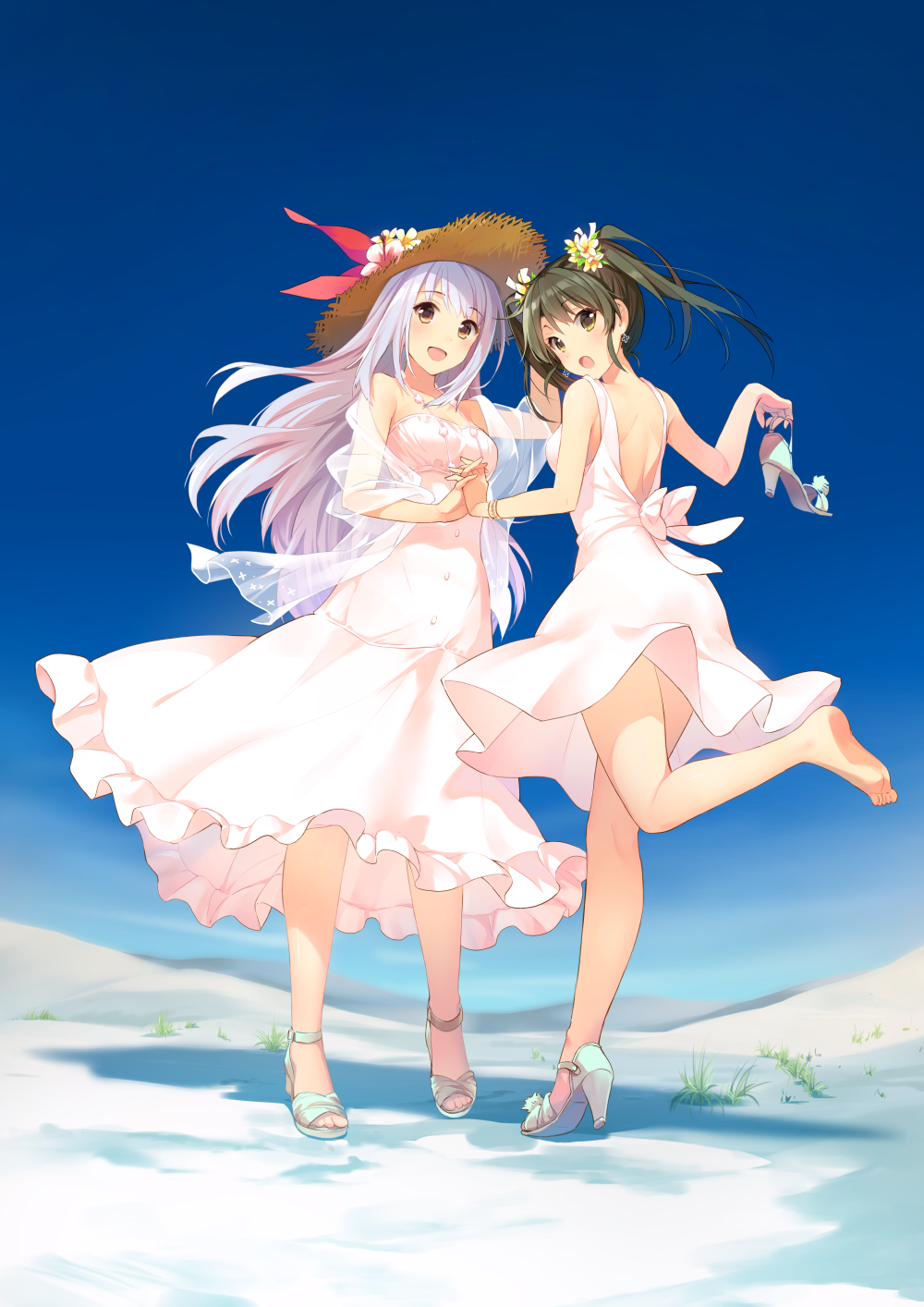 2girls, alternate_costume, bare_shoulders, blush, brown_eyes, brown_hair, earrings, flower