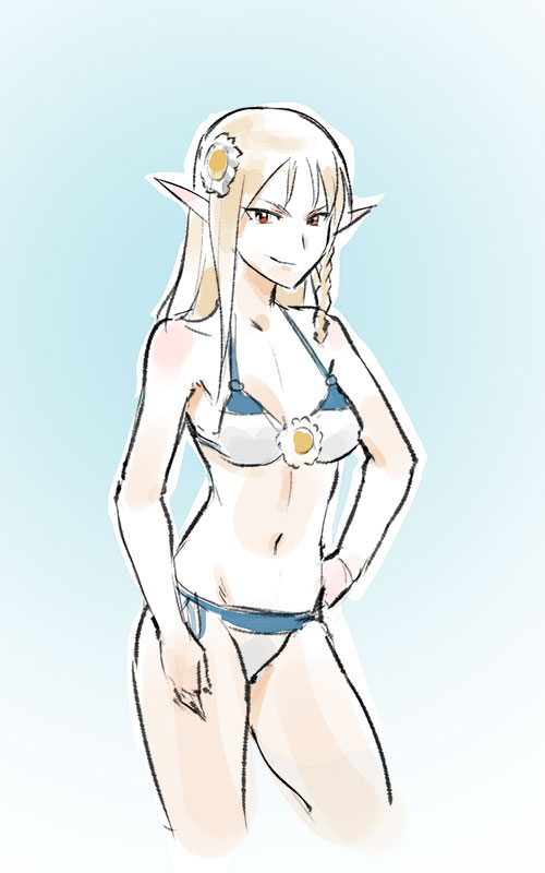 1girl, bikini, blonde_hair, braid, cropped_legs, elf, flower, hair_flower