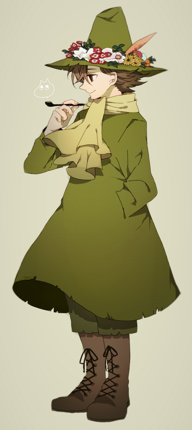 boots, flower, hat, highres, moomin, pipe, popokuri, snufkin