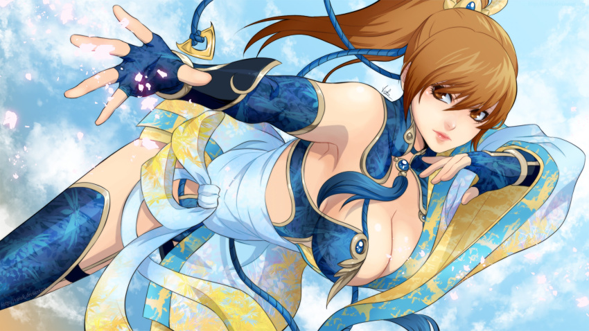 1girl, alternate_costume, asymmetrical_clothes, boots, breasts, brown_eyes, brown_hair, cleavage, dead_or_alive, elbow_gloves, fingerless_gloves, gloves, highres, japanese_clothes, jeanne_virak, kasumi_(doa), large_breasts, lips, long_hair, nose, petals, ponytail, sash, solo, thigh-highs, thigh_boots, vambraces, wallpaper