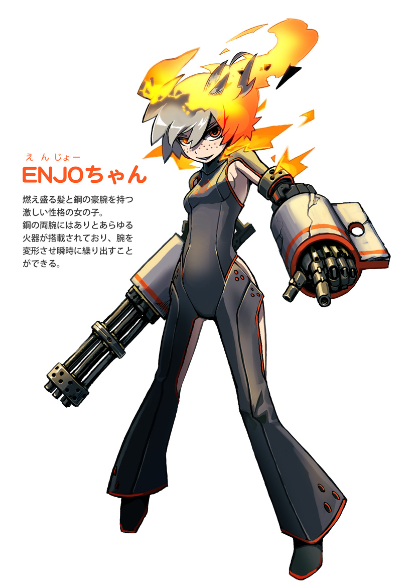 1girl, breasts, fire, freckles, gun, looking_at_viewer, saboterian, short_hair