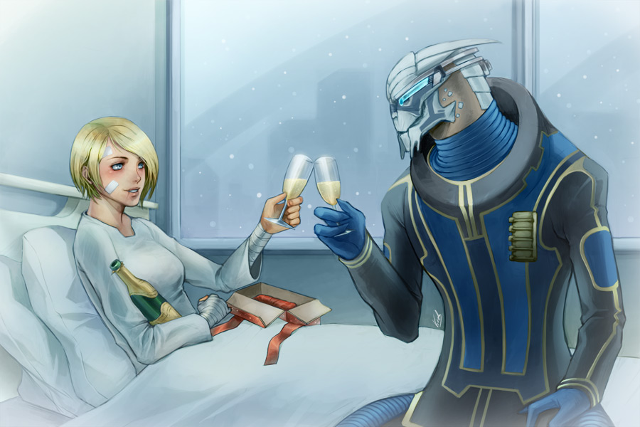 1boy, 1girl, alcohol, alien, bandages, bandaid, bed, blonde_hair