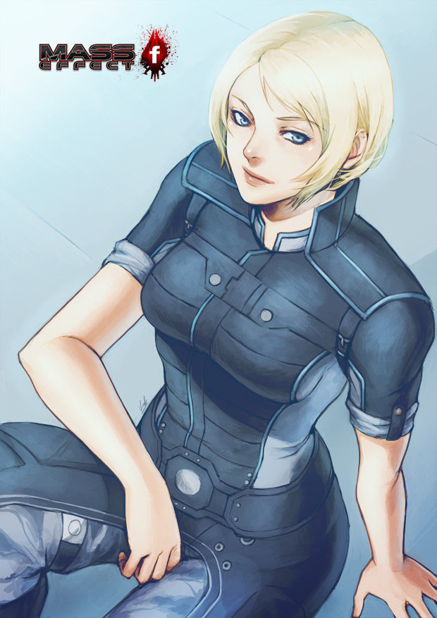 1girl, bangs, blonde_hair, blue_eyes, bodysuit, commander_shepard, commander_shepard_(female), human