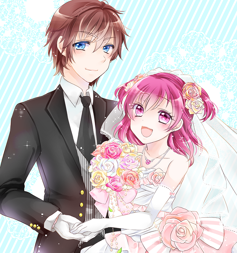 1boy, 1girl, age_difference, bare_shoulders, blue_eyes, blush, bouquet, bridal_gauntlets, bridal_veil, bride, brown_hair, coco_(precure_5), dress, elbow_gloves, flower, formal, gloves, hair_ornament, hetero, holding_hands, jewelry, kokoda_kouji, long_hair, necktie, osase_(nira33), pink_hair, precure, short_hair, smile, veil, wedding_dress, yes!_precure_5, yumehara_nozomi