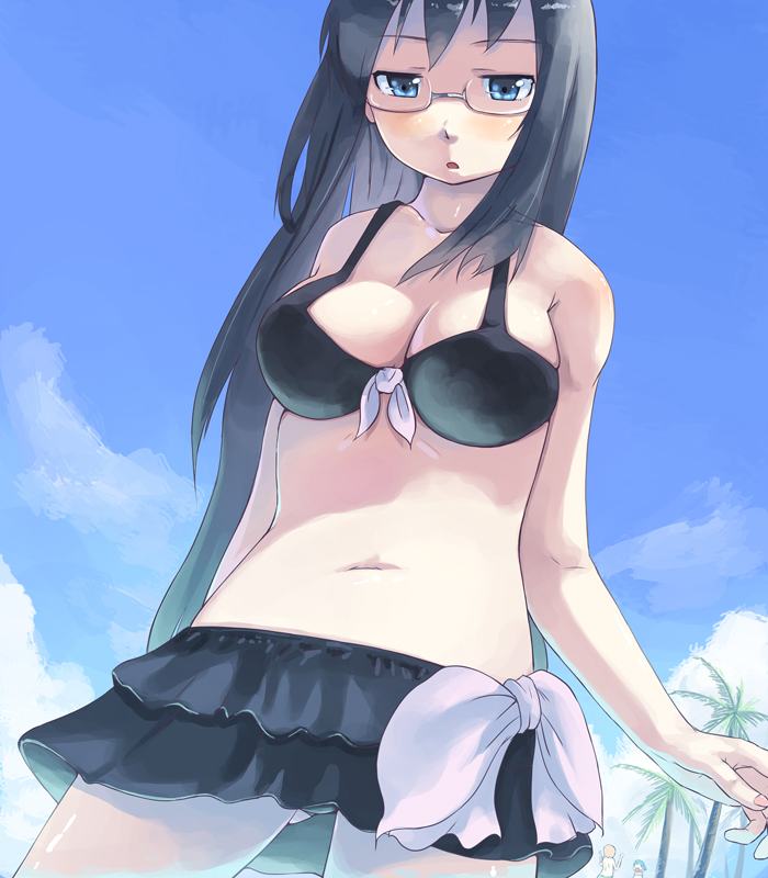 3girls, aioi_yuuko, bare_shoulders, bikini, black_hair, black_swimsuit, blue_eyes, blue_sky, breasts, cleavage, clouds, collarbone, cowboy_shot, dutch_angle, frilled_bikini, frills, glasses, heiya, long_hair, looking_down, midriff, minakami_mai, multiple_girls, naganohara_mio, nichijou, outdoors, palm_tree, parted_lips, sky, solo, solo_focus, standing, swimsuit, tree