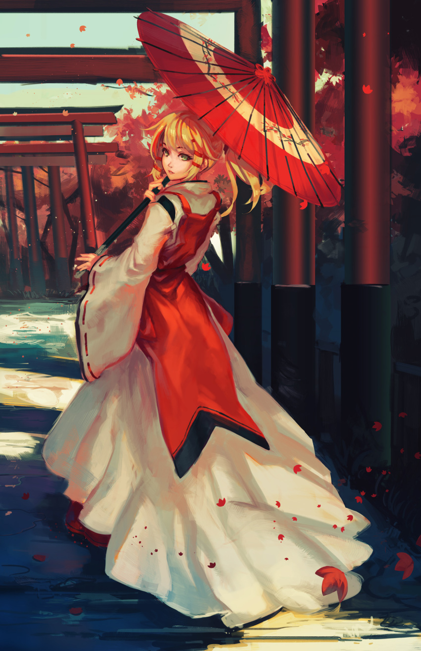 1girl, blonde_hair, doomfest, green_eyes, hair_ribbon, highres, inari_konkon_koi_iroha., japanese_clothes
