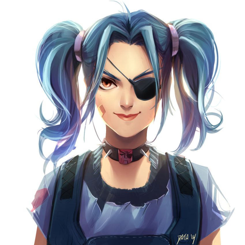 1girl, autobot, badge, blue_hair, dataglitch, eyepatch, highres, insignia