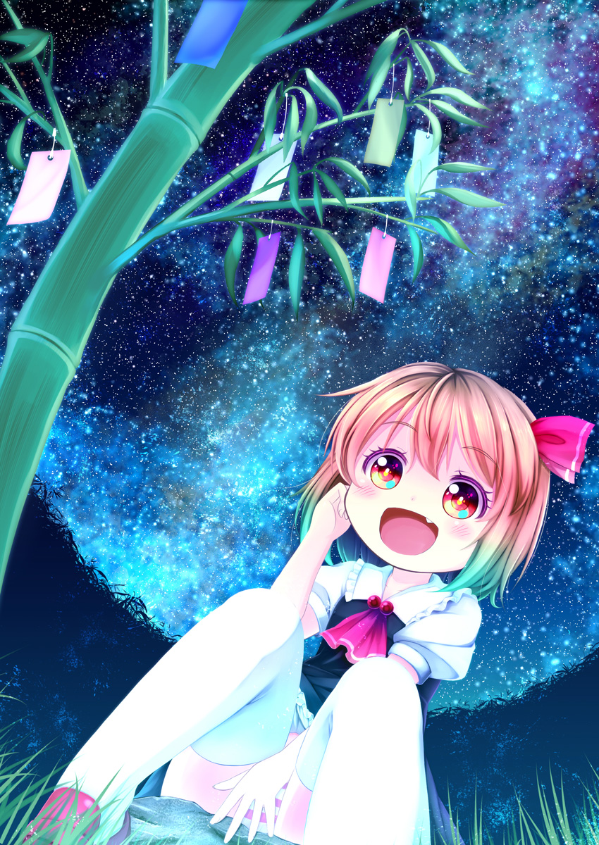 1girl, ascot, bamboo, blonde_hair, blush, eyebrows_visible_through_hair, fang, grass