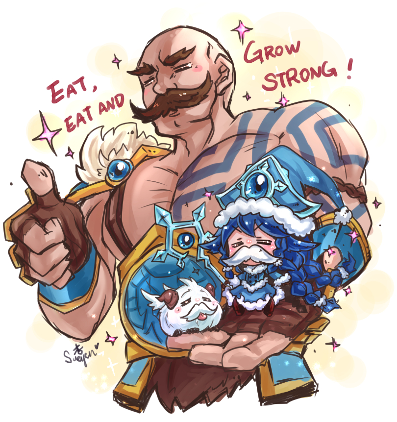 1boy, 1girl, =_=, artist_name, bald, blue_hair, blush_stickers, braid, braum_(league_of_legends), closed_eyes, facial_hair, fingerless_gloves, gloves, hat, horns, league_of_legends, lulu_(league_of_legends), muscle, mustache, poro_(league_of_legends), sitting, sparkle, sueyen, thumbs_up, tongue, yordle