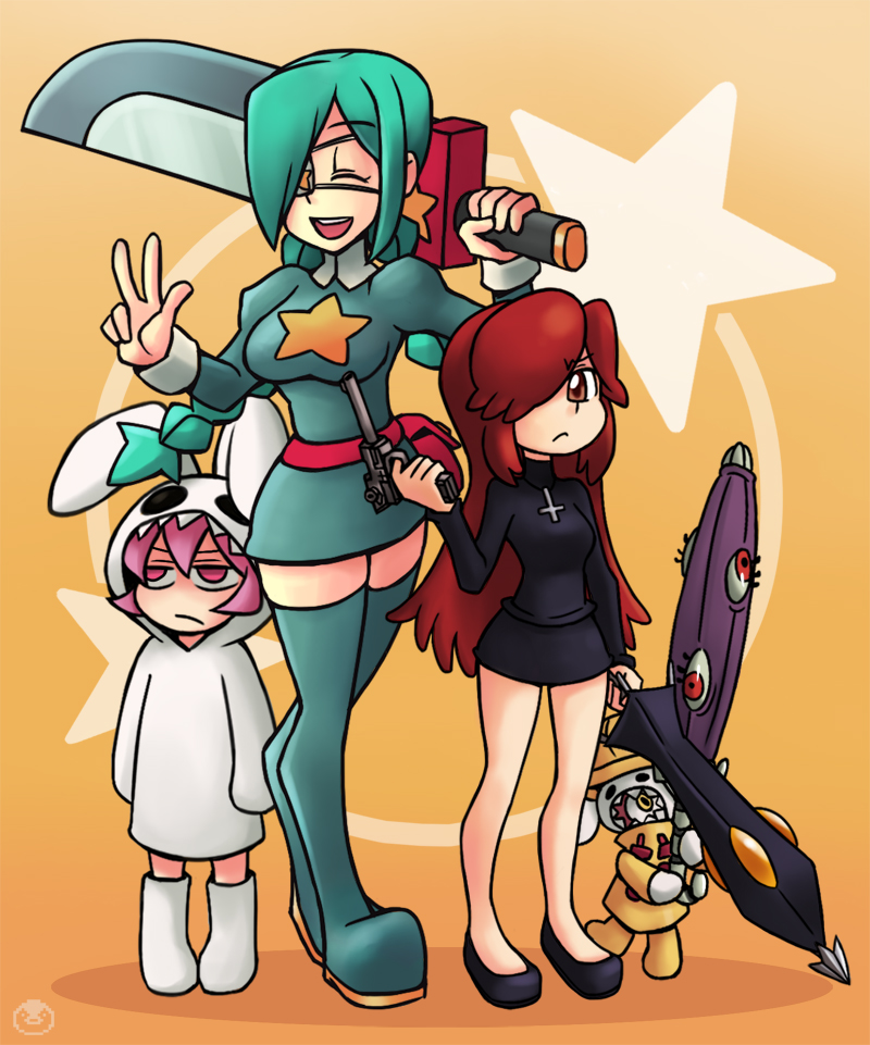 3girls, animal_costume, annie_(skullgirls), annie_(skullgirls)_(cosplay), boots, braid, breasts, bunny_costume