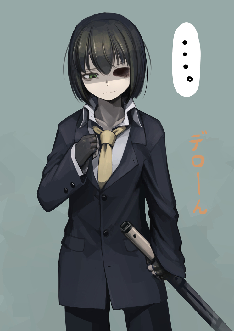 ..., 1girl, bags_under_eyes, black_gloves, black_hair, blue_background, blue_pants, buttons
