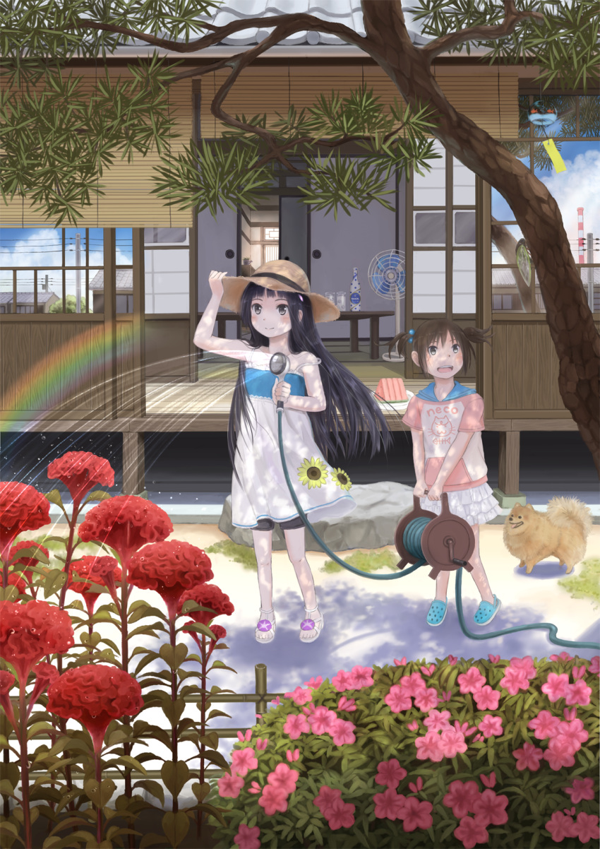 2girls, black_eyes, black_hair, brown_eyes, brown_hair, child, crocs, dog, dress, fan, flower, hat, highres, hose, multiple_girls, original, pomeranian_(dog), rainbow, sandals, short_hair, short_twintails, shorts, skirt, smile, tagme, taka_(tsmix), tree, twintails, water