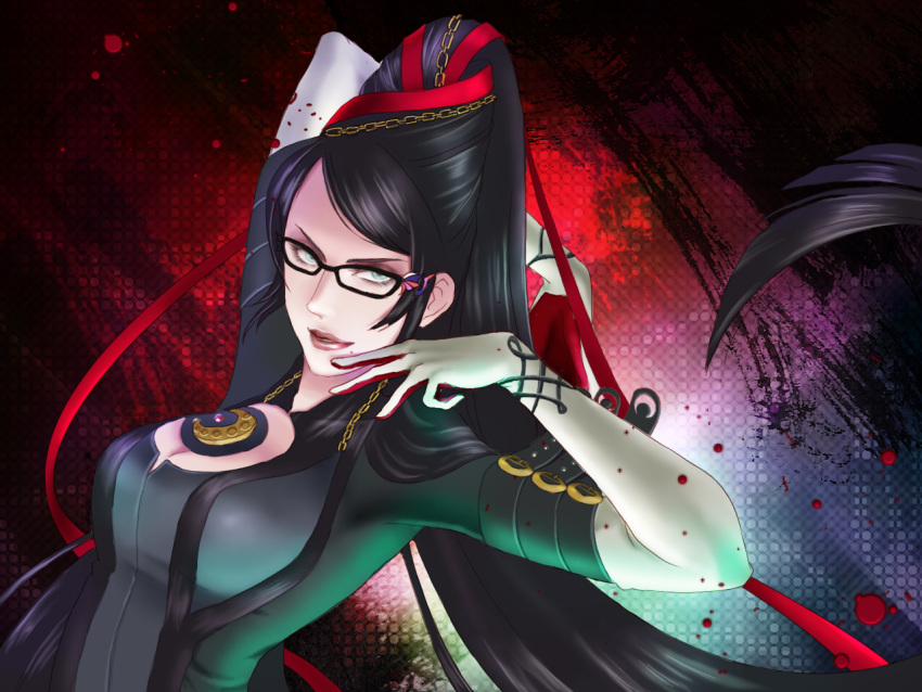bayonetta, bayonetta_(character), black_hair, blood, blue_eyes, glasses, hair_bun, long_hair