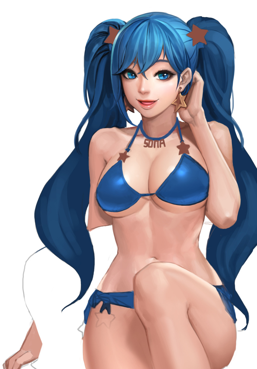 1girl, bikini, blue_bikini, blue_eyes, blue_hair, blush, breasts, cherrylich
