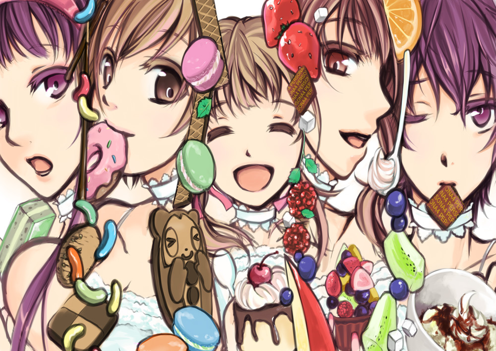 bad_id, brown_eyes, brown_hair, cake, candy, chocolate, choker, closed_eyes, cookie, doughnut, doujima_nanako, eating, food, hair_ribbon, hairband, ice_cream, jelly_bean, jelly_beans, kujikawa_rise, long_hair, macaron, modomix, open_mouth, pastry, persona, persona_4, pudding, purple_eyes, purple_hair, red_hair, redhead, ribbon, satonaka_chie, shirogane_naoto, short_hair, smile, spoon, twintails, violet_eyes, wink