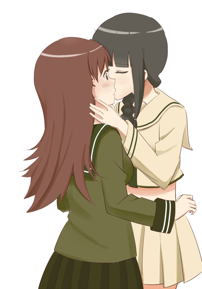 2girls, black_hair, blush, braid, brown_eyes, brown_hair, chocotto715, closed_eyes, green_skirt, hand_on_another's_neck, kantai_collection, kiss, kitakami_(kantai_collection), long_hair, long_sleeves, midriff, multiple_girls, neckerchief, ooi_(kantai_collection), pleated_skirt, sailor_collar, school_uniform, single_braid, skirt, white_background, yuri