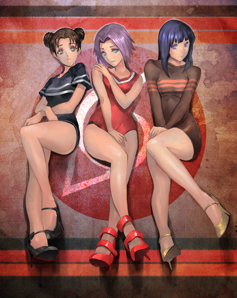 3girls, bare_legs, black_hair, blue_eyes, brown_hair, contemporary, diet_sence, double_bun