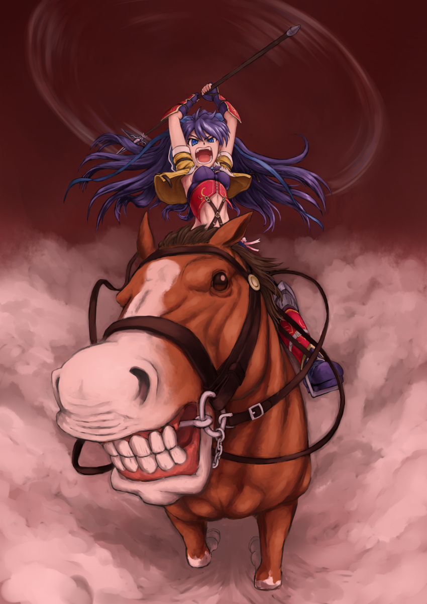 1girl, blue_eyes, foreshortening, ganaha_hibiki, highres, horse, horseback_riding, idolmaster, open_mouth, polearm, purple_hair, reins, riding, spear, sword_world_2.0, tre_(tre2013), weapon