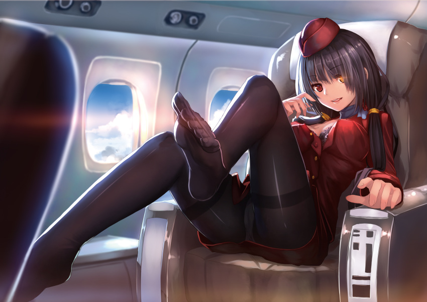 1girl, airplane_interior, black_bra, black_hair, black_legwear, bra, breasts, couch