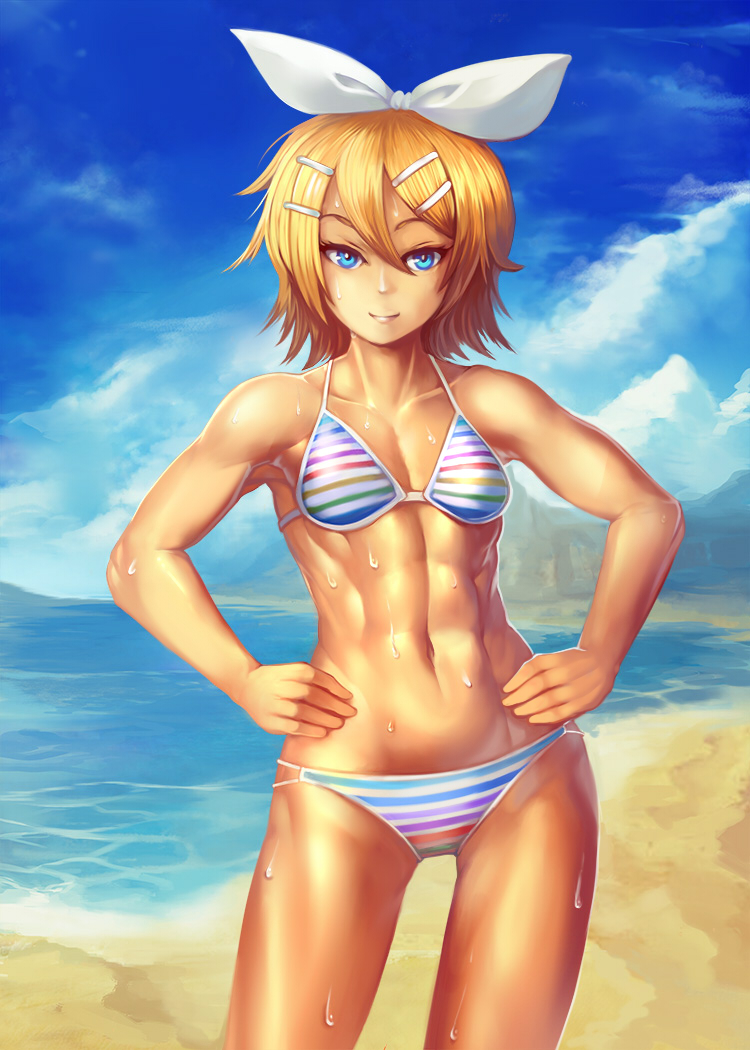 1girl, abs, beach, bikini, blonde_hair, blue_eyes, blue_sky, clouds