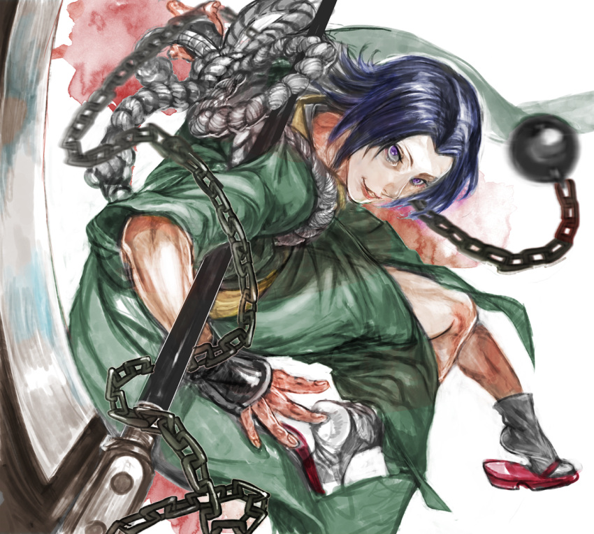 1boy, ball_and_chain, blood, blue_hair, chain, grin, honjou_kamatari, japanese_clothes, male, matsuba_(idiotlantern), polearm, rurouni_kenshin, sandals, sickle, smile, socks, solo, trap, violet_eyes, weapon, wrist_guards