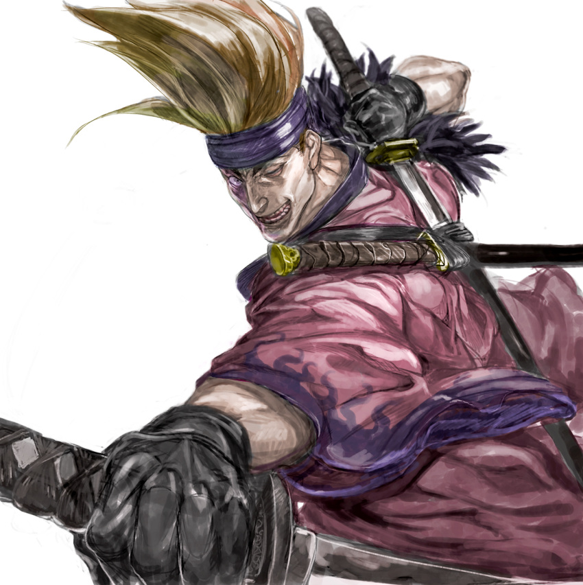 bandana, blonde_hair, dual_wielding, flame_print, grin, headband, highres, japanese_clothes