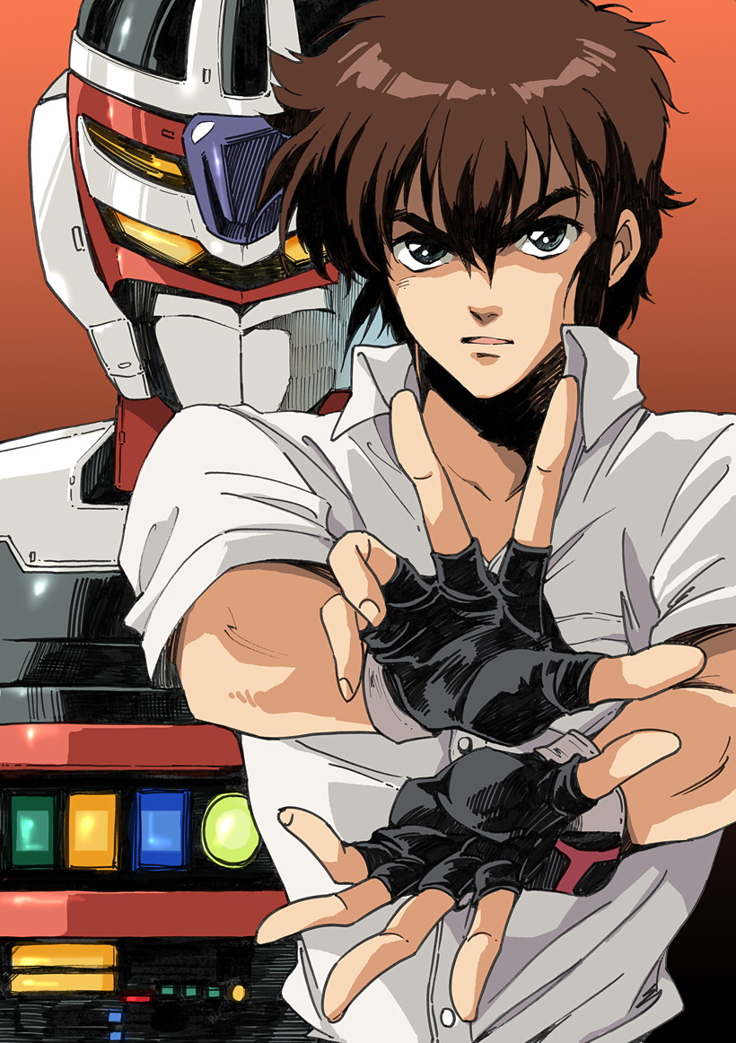 80s, agahari, brown_hair, dual_persona, fingerless_gloves, gakuen_tokusou_hikaruon, gloves, hikaruon