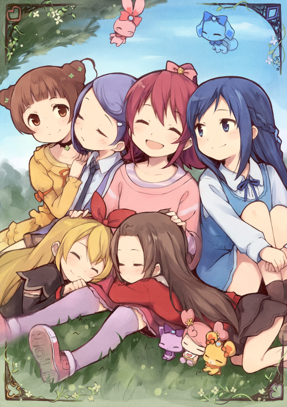 6+girls, :d, ^_^, ai-chan_(dokidoki!_precure), aida_mana, black_legwear, blonde_hair, blue_eyes, blue_hair, braid, brown_eyes, brown_hair, casual, closed_eyes, creature, davi_(dokidoki!_precure), dokidoki!_precure, girl_sandwich, grass, hair_ribbon, half_updo, hand_on_another's_head, hands_on_another's_shoulder, happy, hishikawa_rikka, kenzaki_makoto, kyuri, lap_pillow, leg_hug, long_hair, madoka_aguri, multiple_girls, necktie, open_mouth, outdoors, precure, purple_hair, purple_legwear, rakeru_(dokidoki!_precure), rance_(dokidoki!_precure), redhead, regina_(dokidoki!_precure), ribbon, sandwiched, sharuru_(dokidoki!_precure), skirt, sleeping, sleeping_on_person, smile, socks, thigh-highs, yotsuba_alice