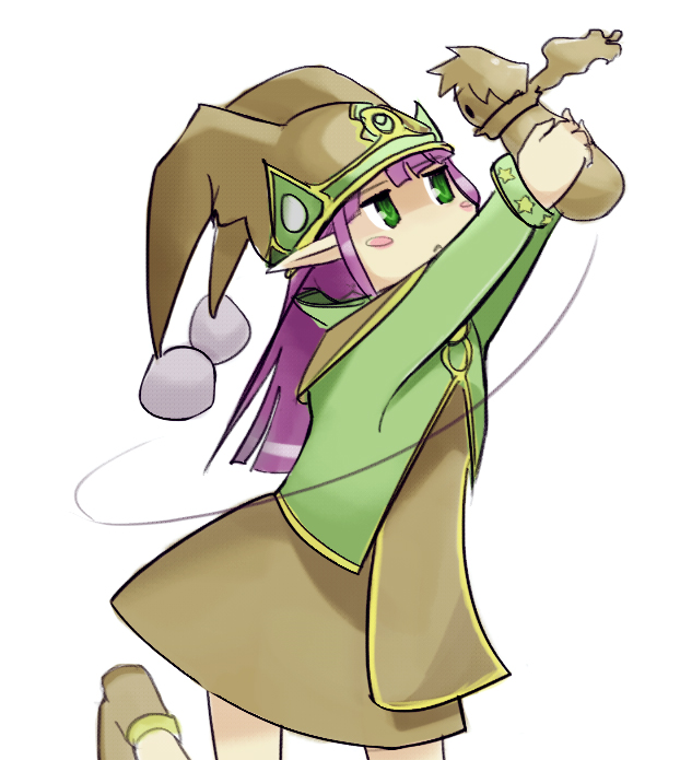 1girl, :<, asymmetrical_bangs, bangs, blush_stickers, cameo, diglett_(artist), doll, dress, gnome_(mon-musu_quest!), green_eyes, hat, holding, luka_(mon-musu_quest!), mon-musu_quest!, payot, pointy_ears, purple_hair, shoes, simple_background, solo, star, white_background
