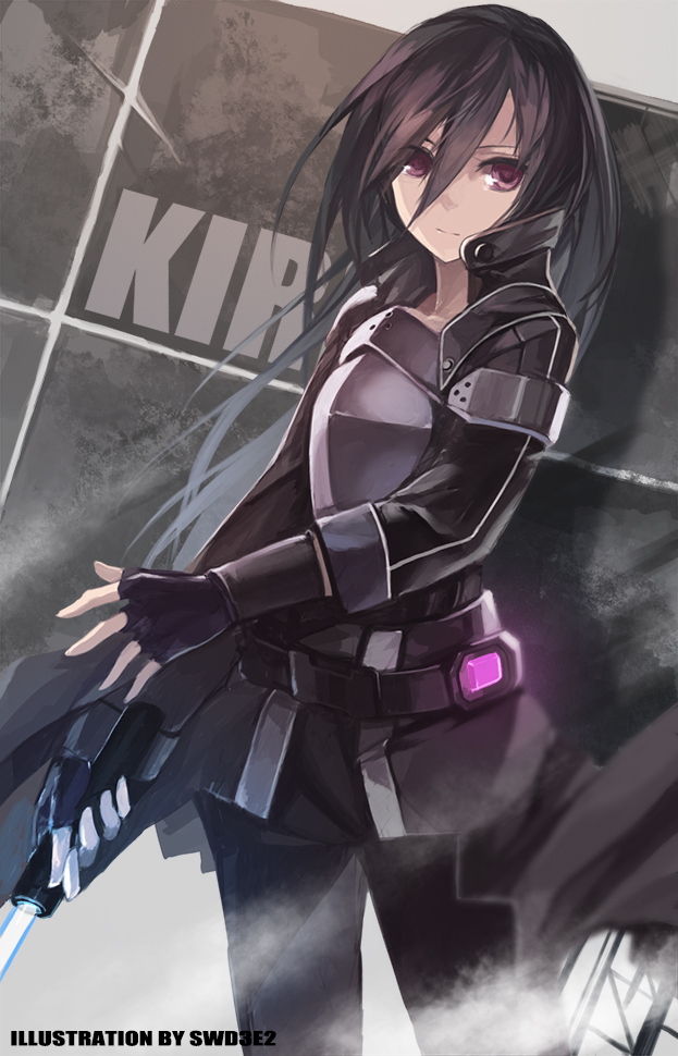 1boy, artist_name, black_gloves, black_hair, chest_plate, fingerless_gloves, gloves, holding