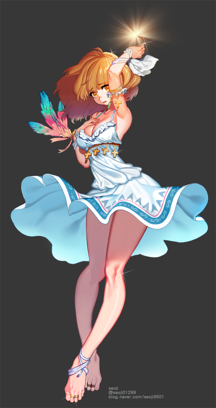 1girl, armband, barefoot, breasts, brown_hair, cleavage, dress, feet