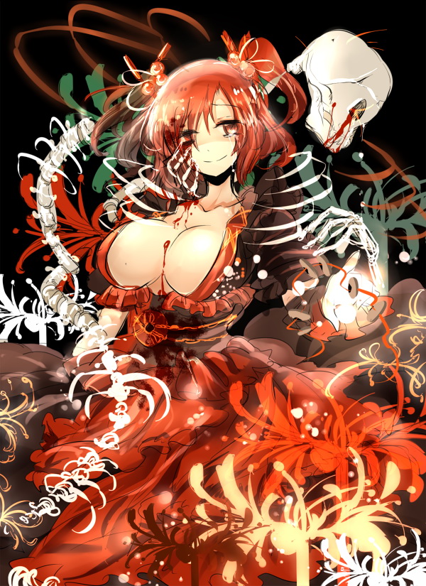 1girl, blood, blood_on_face, bloody_dress, bloody_tears, breasts, cleavage, coin