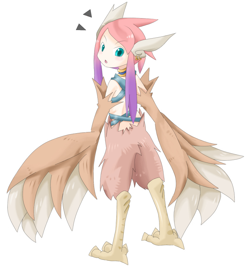 1girl, aqua_eyes, bangs, blush, earrings, harpy_(mon-musu_quest!), highres, jewelry, jpeg_artifacts, looking_at_viewer, looking_back, mon-musu_quest!, monster_girl, multicolored_hair, neck_ring, no_nose, open_mouth, payot, philip_(n1k2-j), pink_hair, simple_background, solo, standing, talons, triangle, white_background, wings