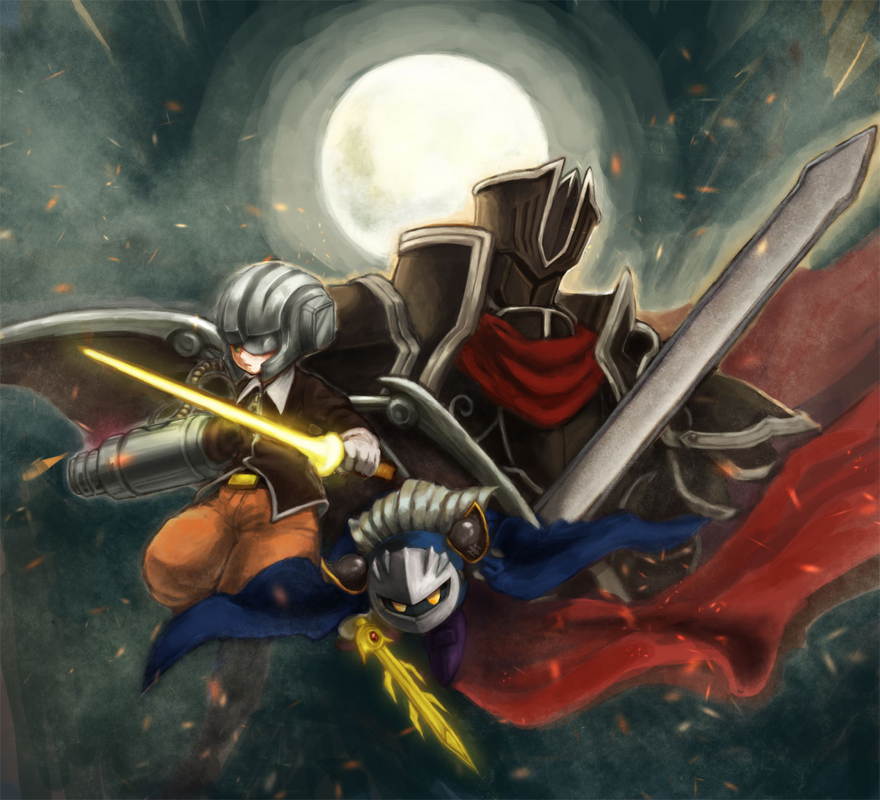 armor, black_knight, cape, claus, crossover, fire_emblem, fire_emblem:_souen_no_kiseki, fire_emblem_path_of_radiance, full_armor, gloves, helmet, highres, kirby_(series), mask, meta_knight, mother_(game), mother_3, nintendo, piranosuke, sword, weapon, yellow_eyes