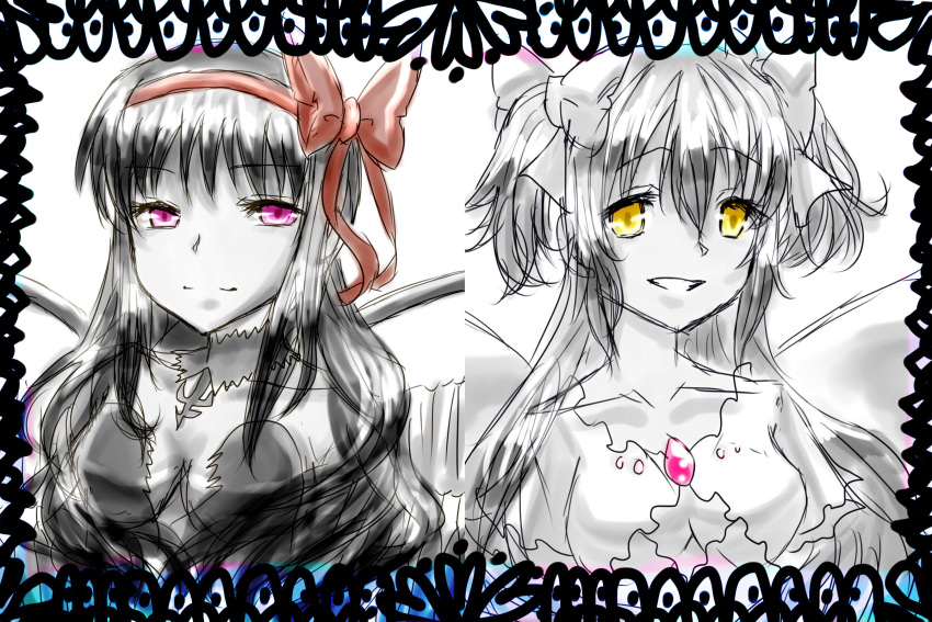 2girls, akemi_homura, akuma_homura, ayukazu, bare_shoulders, black_hair, bow, choker
