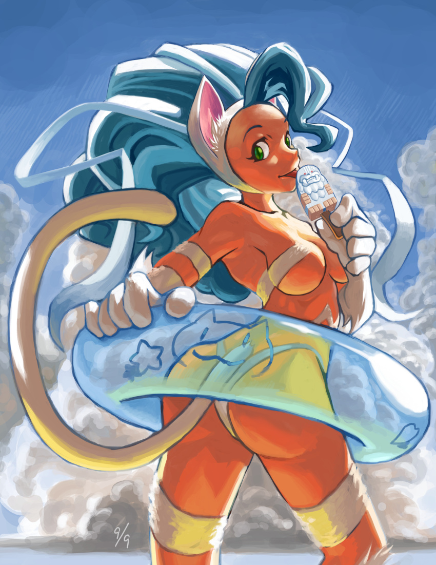 1girl, absurdres, animal_ears, ass, bare_shoulders, big_hair, blue_hair, boringmu