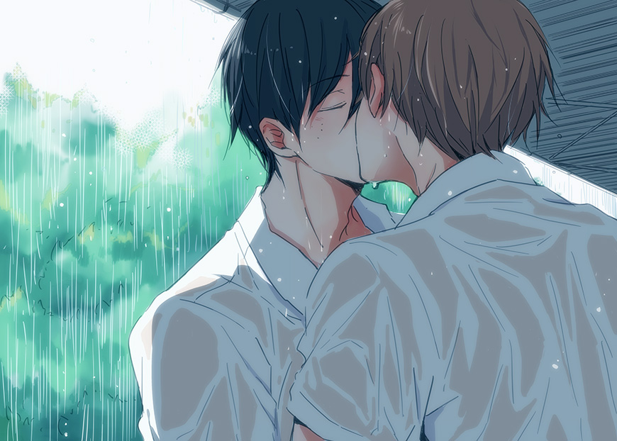 2boys, black_hair, brown_hair, closed_eyes, couple, dress_shirt, freckles, izumi_kousuke