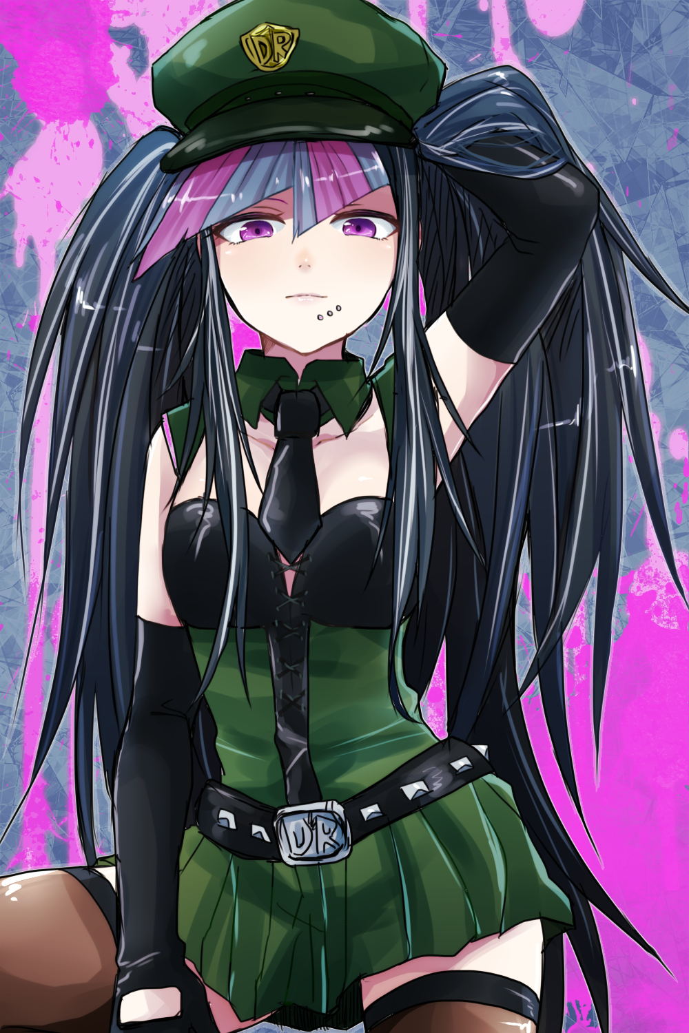 1girl, alternate_costume, alternate_hairstyle, bare_shoulders, belt, blue_hair, cleavage_cutout, dangan_ronpa, dress, elbow_gloves, gloves, hand_in_hair, hat, highres, kawati, long_hair, mioda_ibuki, multicolored_hair, necktie, piercing, pink_hair, solo, super_dangan_ronpa_2, thighhighs, twintails, violet_eyes, white_hair