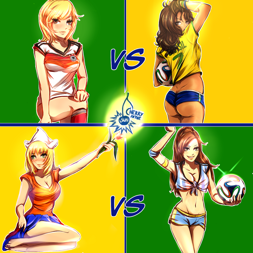 2014_fifa_world_cup, 4girls, argentina, ass, blonde_hair, blush, brazil, brazuca