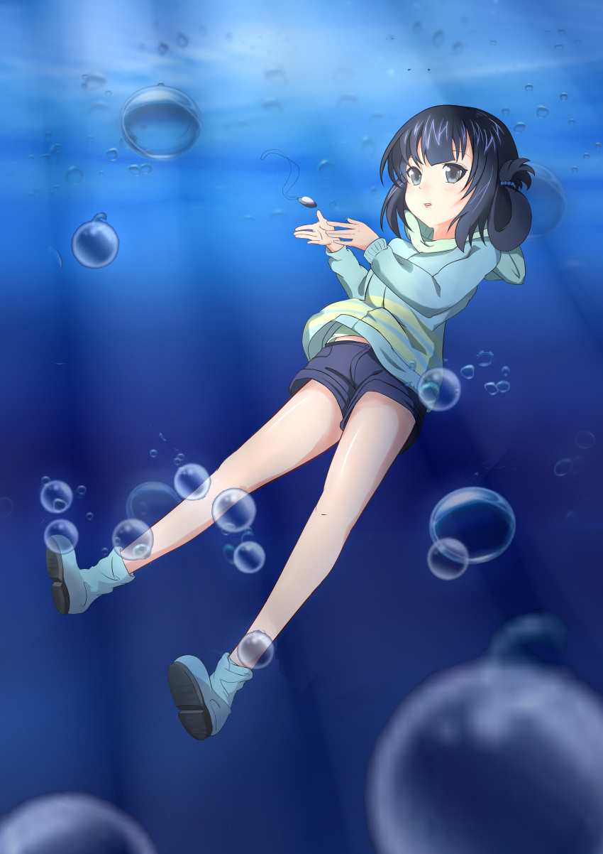 1girl, absurdres, black_hair, blue_eyes, casual, chihong_de_tianshi, folded_hair, hair_rings
