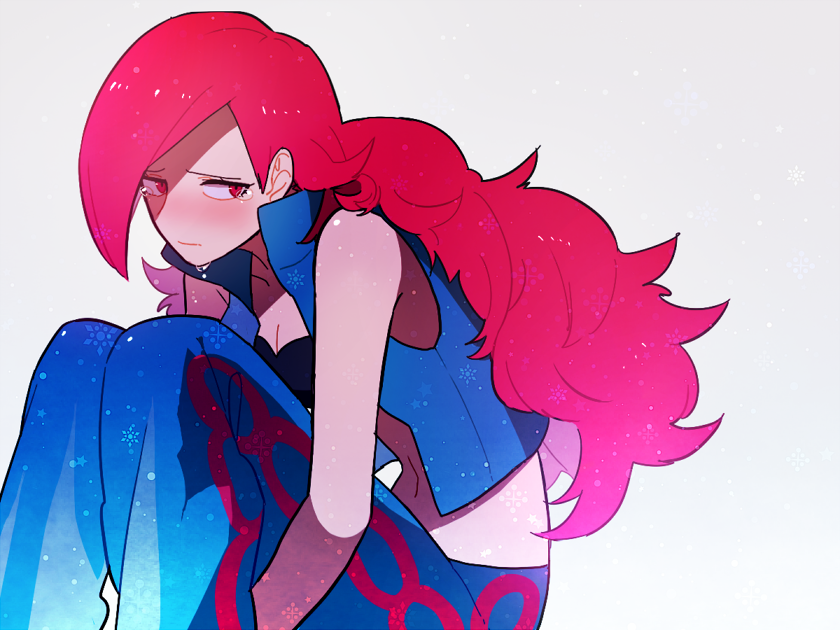 1girl, blush, curly_hair, izumi_(pokemon), li_sakura, long_hair, midriff, navel