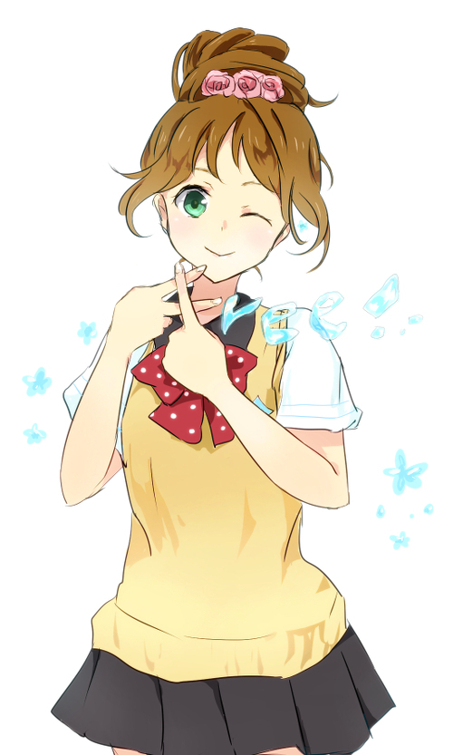 0825belle, 1girl, :>, brown_hair, copyright_name, flower, free!, green_eyes, hair_flower, hair_ornament, hanamura_chigusa, one_eye_closed, school_uniform, short_hair, skirt, smile, solo, updo, v