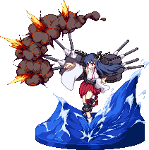 1girl, bare_shoulders, blue_hair, detached_sleeves, firing, fusou_(kantai_collection), hair_ornament, japanese_clothes