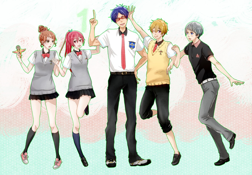 2girls, 3boys, :p, blonde_hair, blue_eyes, blue_hair, brown_hair, closed_eyes, flower, free!, glasses, green_eyes, grey_hair, hanamura_chigusa, hazuki_nagisa, iwatobi-chan, long_hair, male, matsuoka_gou, mole, multiple_boys, multiple_girls, nitori_aiichirou, one_eye_closed, open_mouth, pointing, ponytail, red_eyes, redhead, ryuugazaki_rei, school_uniform, short_hair, skirt, smile, tongue, tongue_out