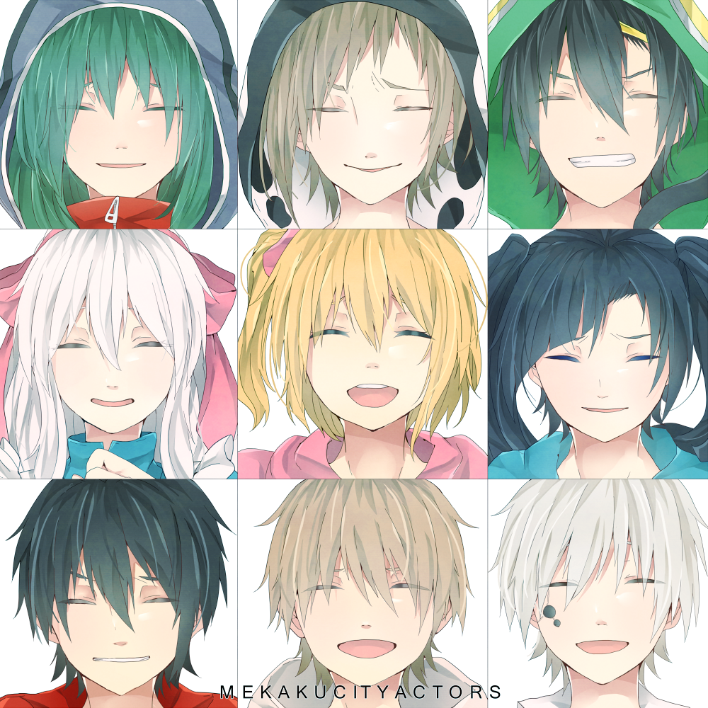 amamiya_hibiya, black_hair, blonde_hair, brown_hair, closed_eyes, enomoto_takane, green_hair, hoodie, kagerou_project, kano_shuuya, kido_tsubomi, kisaragi_momo, kisaragi_shintarou, kokonose_haruka, kozakura_mary, long_hair, pirika_(rm0315), seto_kousuke, short_hair, side_ponytail, silver_hair, smile, twintails