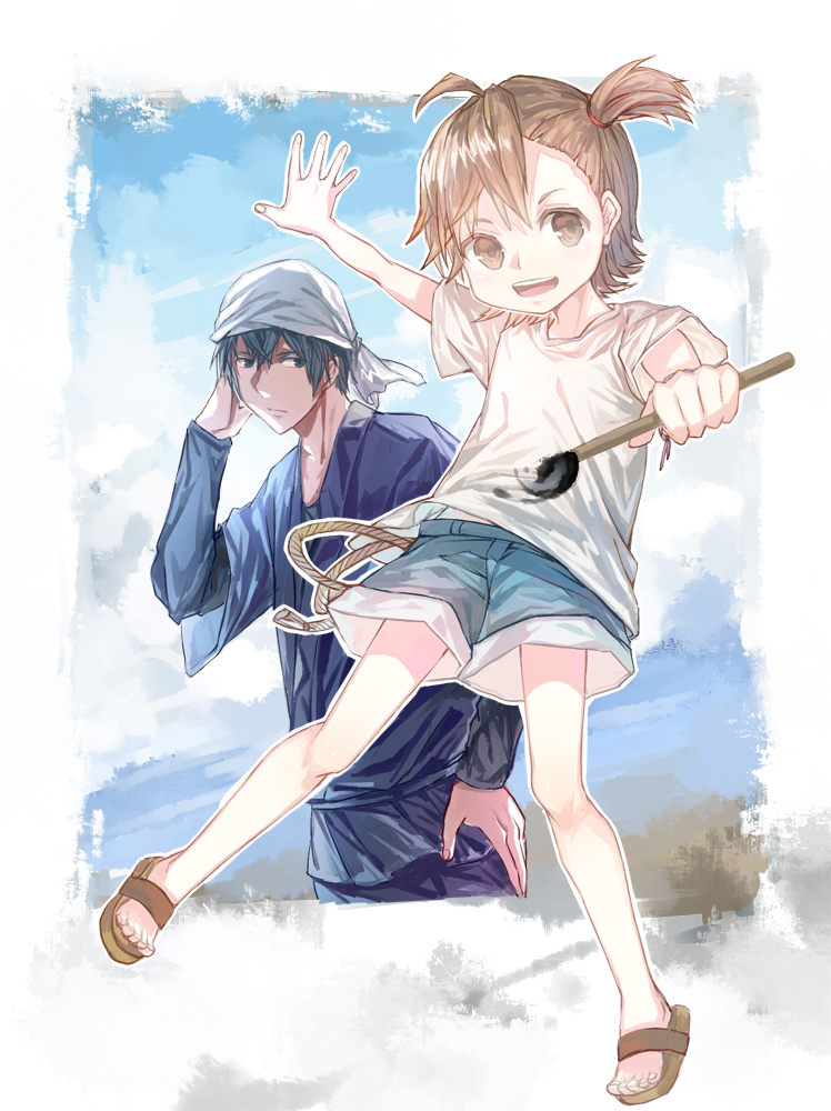 1boy, 1girl, bandana, barakamon, black_hair, brown_eyes, brown_hair, calligraphy_brush