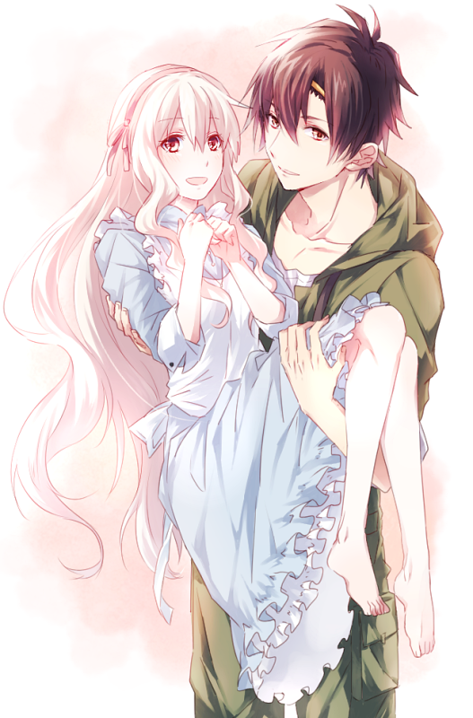 1boy, 1girl, black_hair, carrying, couple, dress, hetero, hoodie, kagerou_project, kozakura_mary, long_hair, princess_carry, reano, red_eyes, seto_kousuke, short_hair, silver_hair, smile
