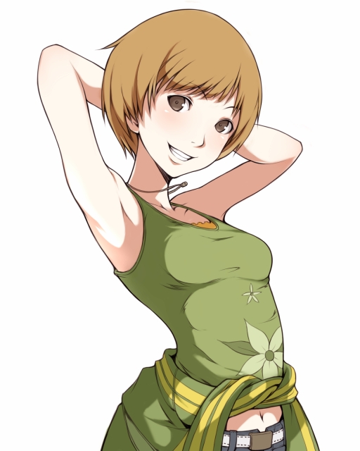 brown_eyes, brown_hair, grin, ina_(gokihoihoi), ina_(pixiv6911), navel, persona, persona_4, satonaka_chie, short_hair, showing_armpits, smile, tank_top, tied_shirt